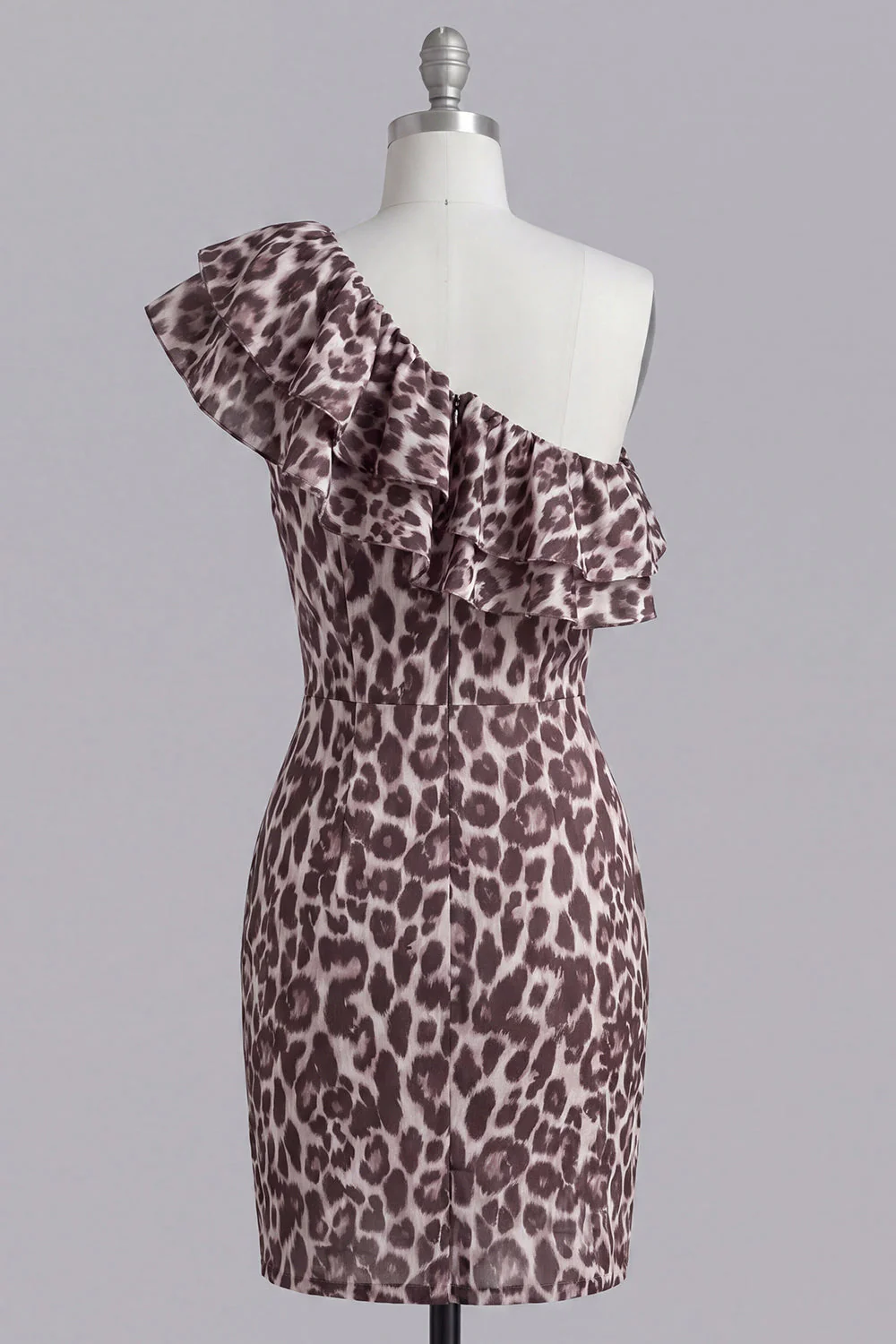 One Shoulder Coffee Leopard Ruffled Bodycon Cocktail Dress with Slit - Image 2
