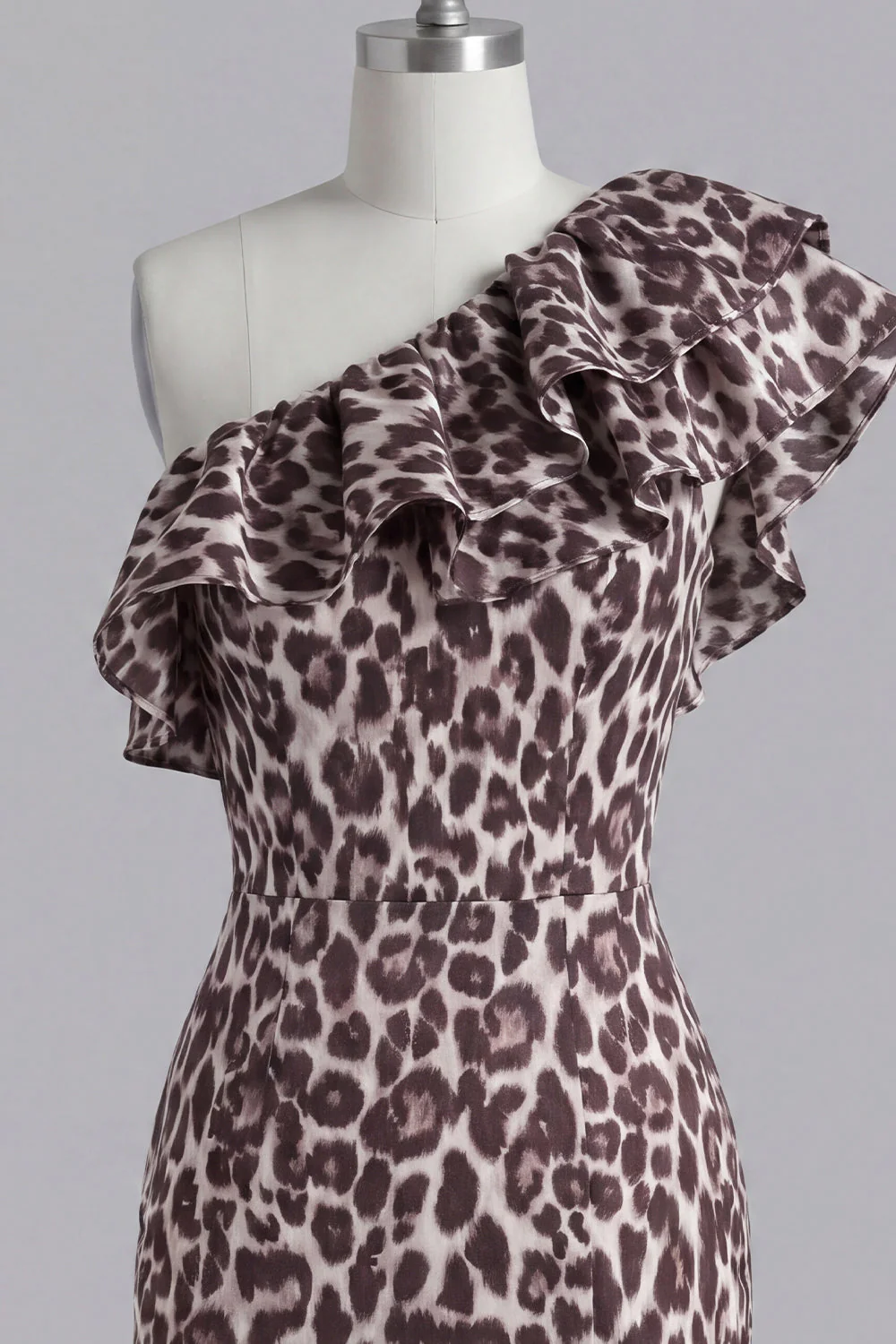 One Shoulder Coffee Leopard Ruffled Bodycon Cocktail Dress with Slit - Image 5