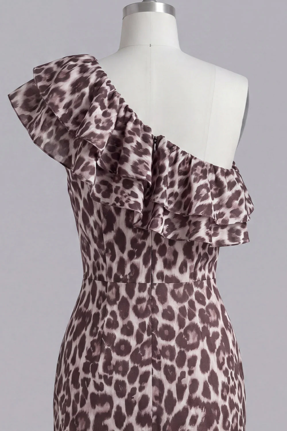 One Shoulder Coffee Leopard Ruffled Bodycon Cocktail Dress with Slit - Image 6