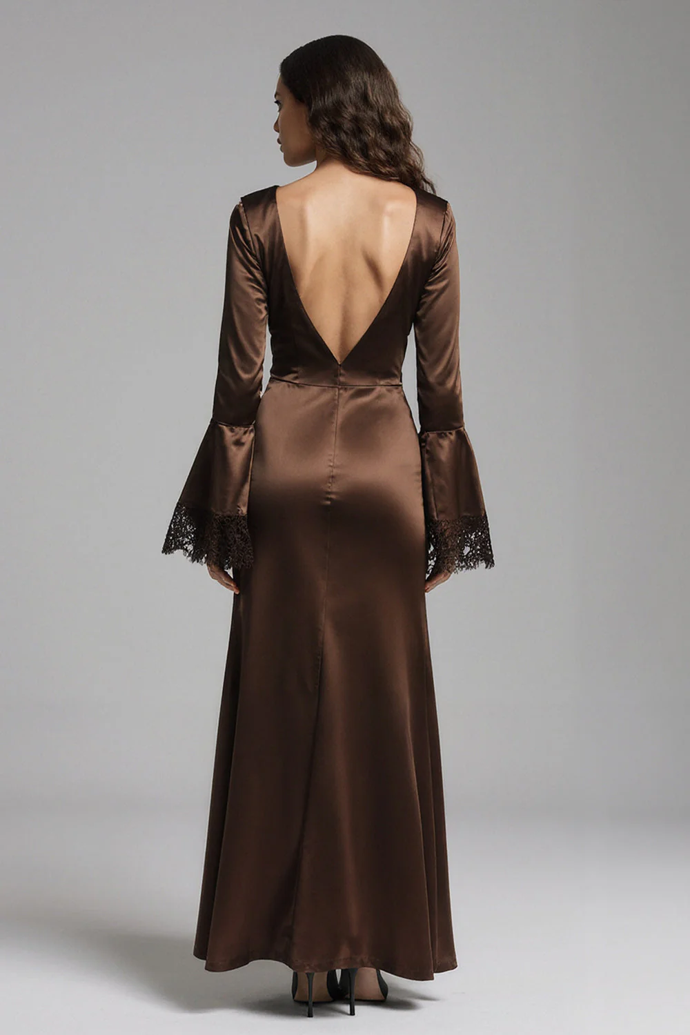 Coffee Satin V-Neck Long Sheath Evening Dress with Slit - Image 2