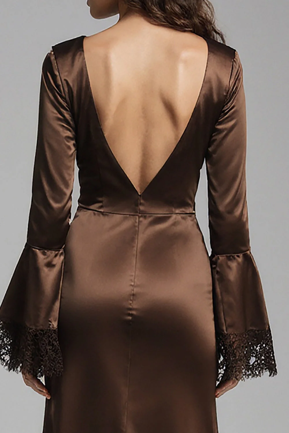 Coffee Satin V-Neck Long Sheath Evening Dress with Slit - Image 4