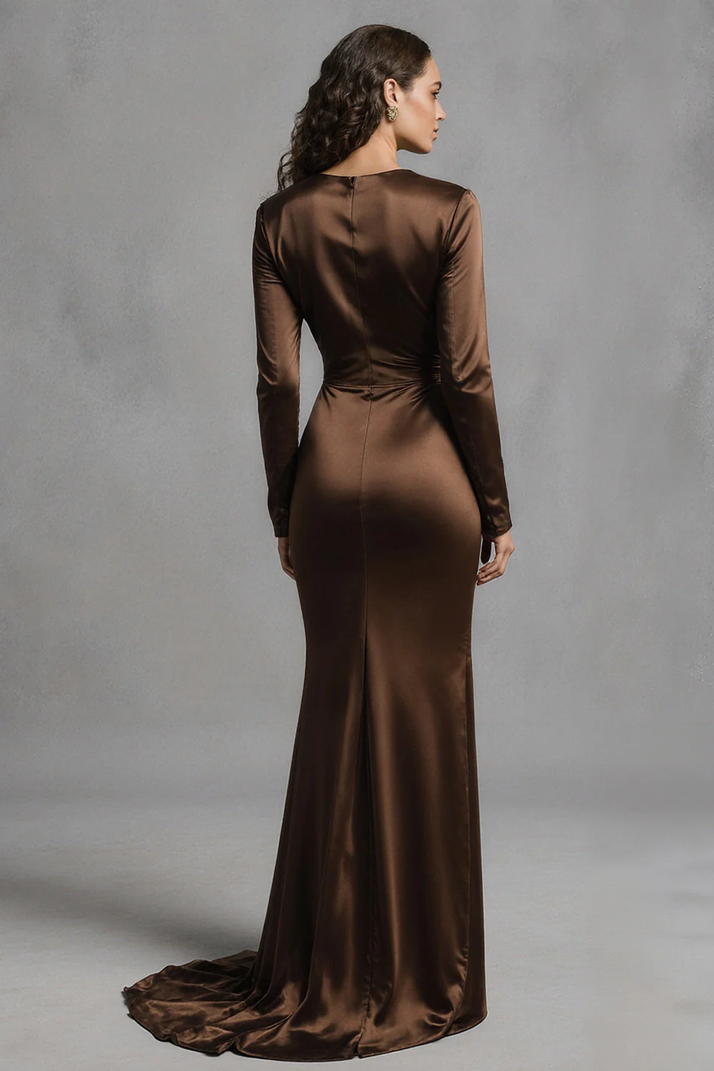 Coffee Sheath Satin Ruched Long Sleeves Evening Dress - Image 2