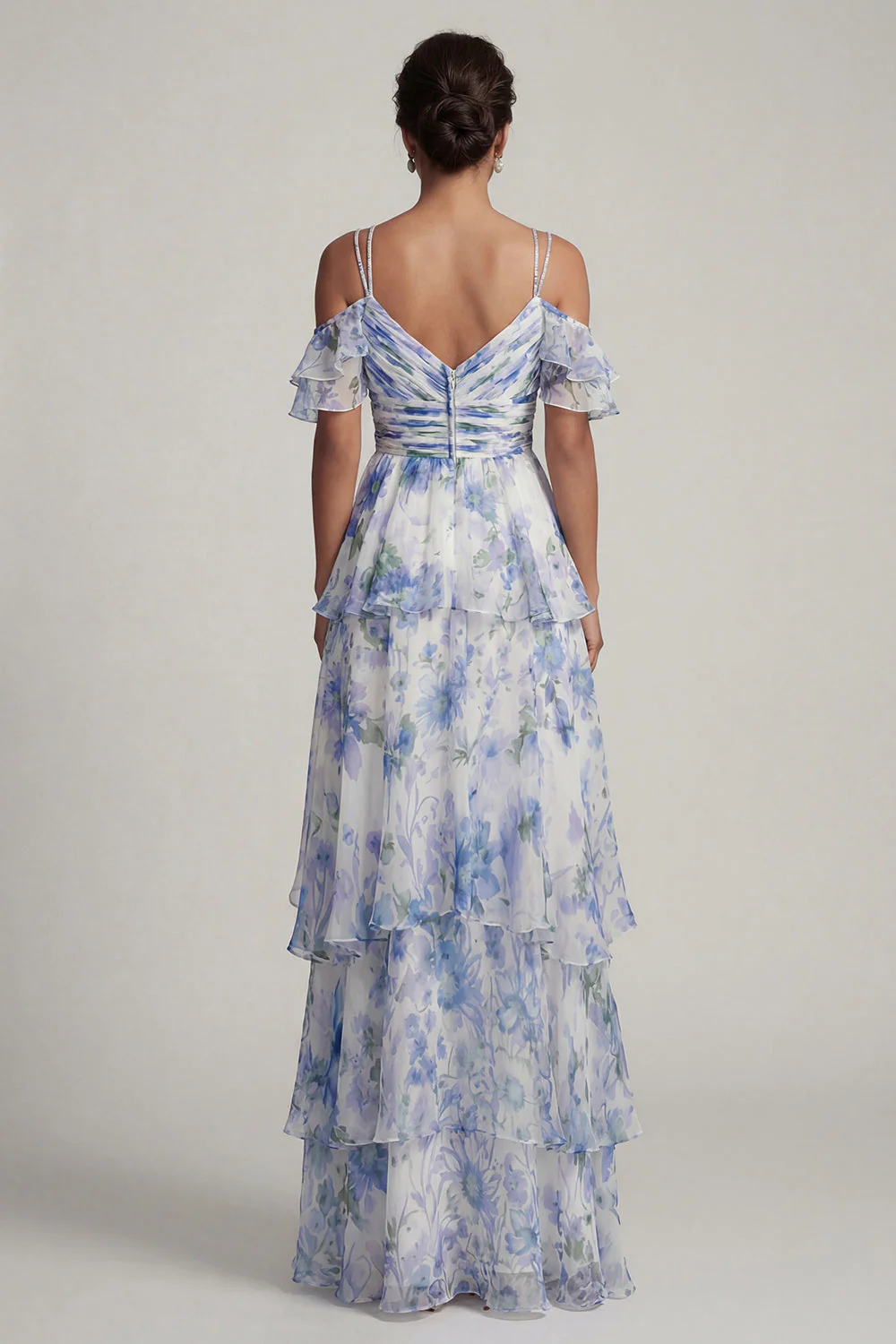 Light Blue Cold Shoulder A Line Printed Tiered Ruffle Mother of the Bride Dress - Image 2