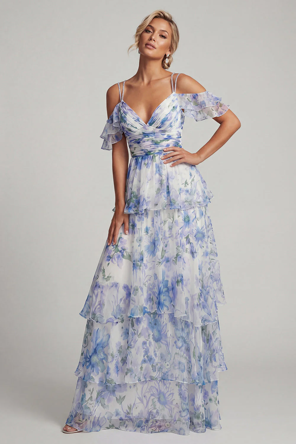 Light Blue Cold Shoulder A Line Printed Tiered Ruffle Mother of the Bride Dress - Image 3