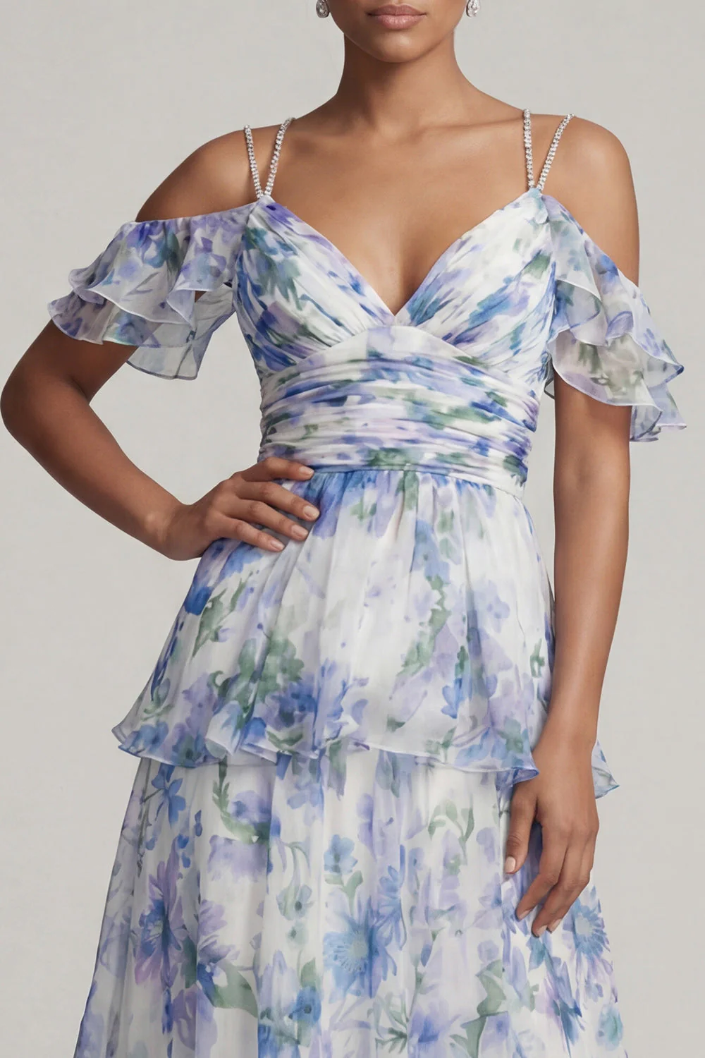 Light Blue Cold Shoulder A Line Printed Tiered Ruffle Mother of the Bride Dress - Image 4
