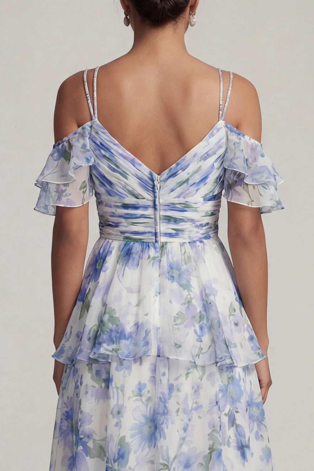Light Blue Cold Shoulder A Line Printed Tiered Ruffle Mother of the Bride Dress - Image 5