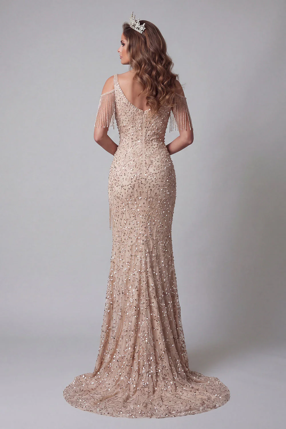 Sparkly Champagne Mermiad Cold Shoulder Beaded Evening Dress with Slit - Image 2