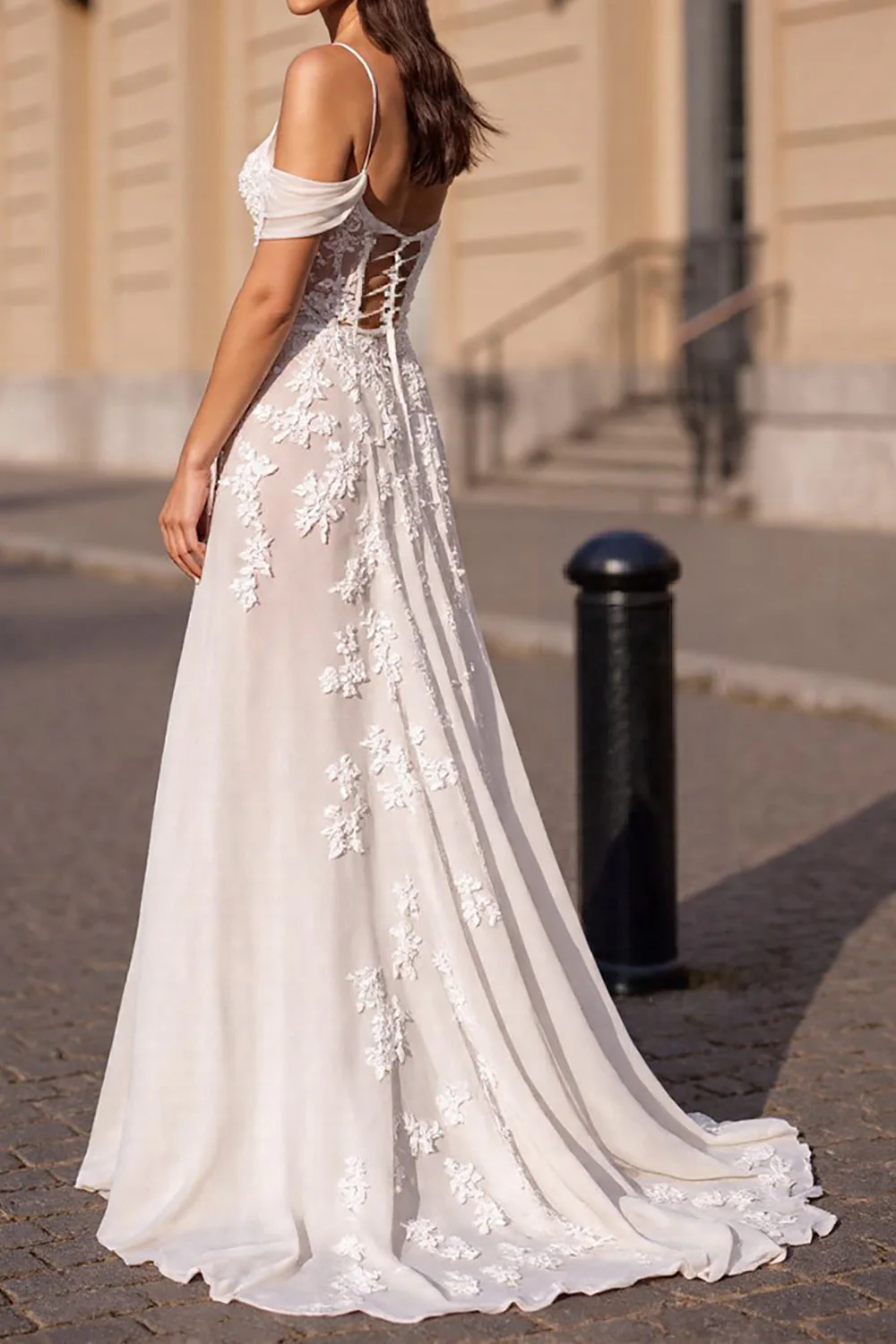 Cold Shoulder Corset Ivory A Line Appliqued Wedding Dress - Image 2