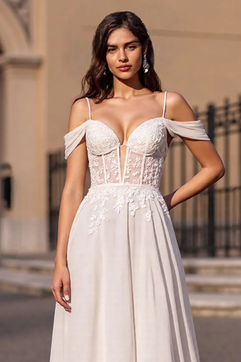 Cold Shoulder Corset Ivory A Line Appliqued Wedding Dress - Image 3