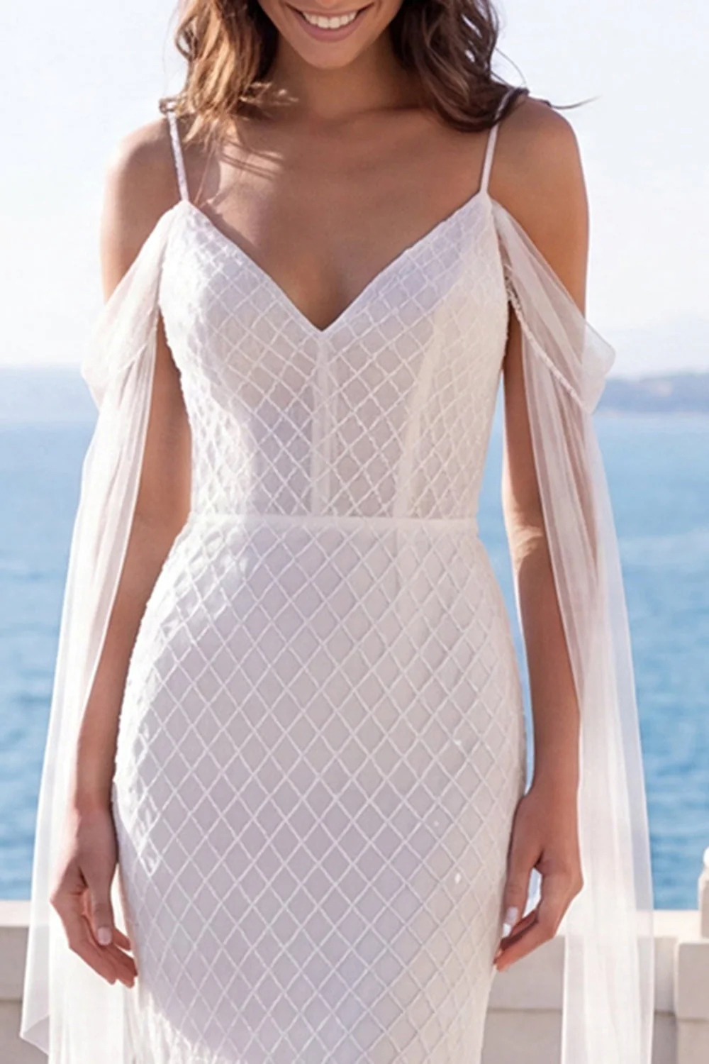 Ivory Cold Shoulder Mermaid Long Wedding Dress - Image 3