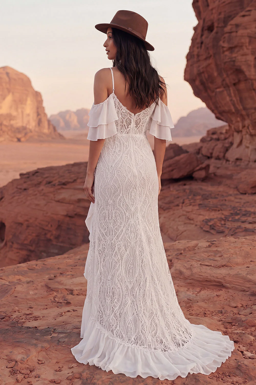 Ivory Lace Cold Shoulder Mermaid Ruffled Boho Wedding Dress with Slit - Image 2