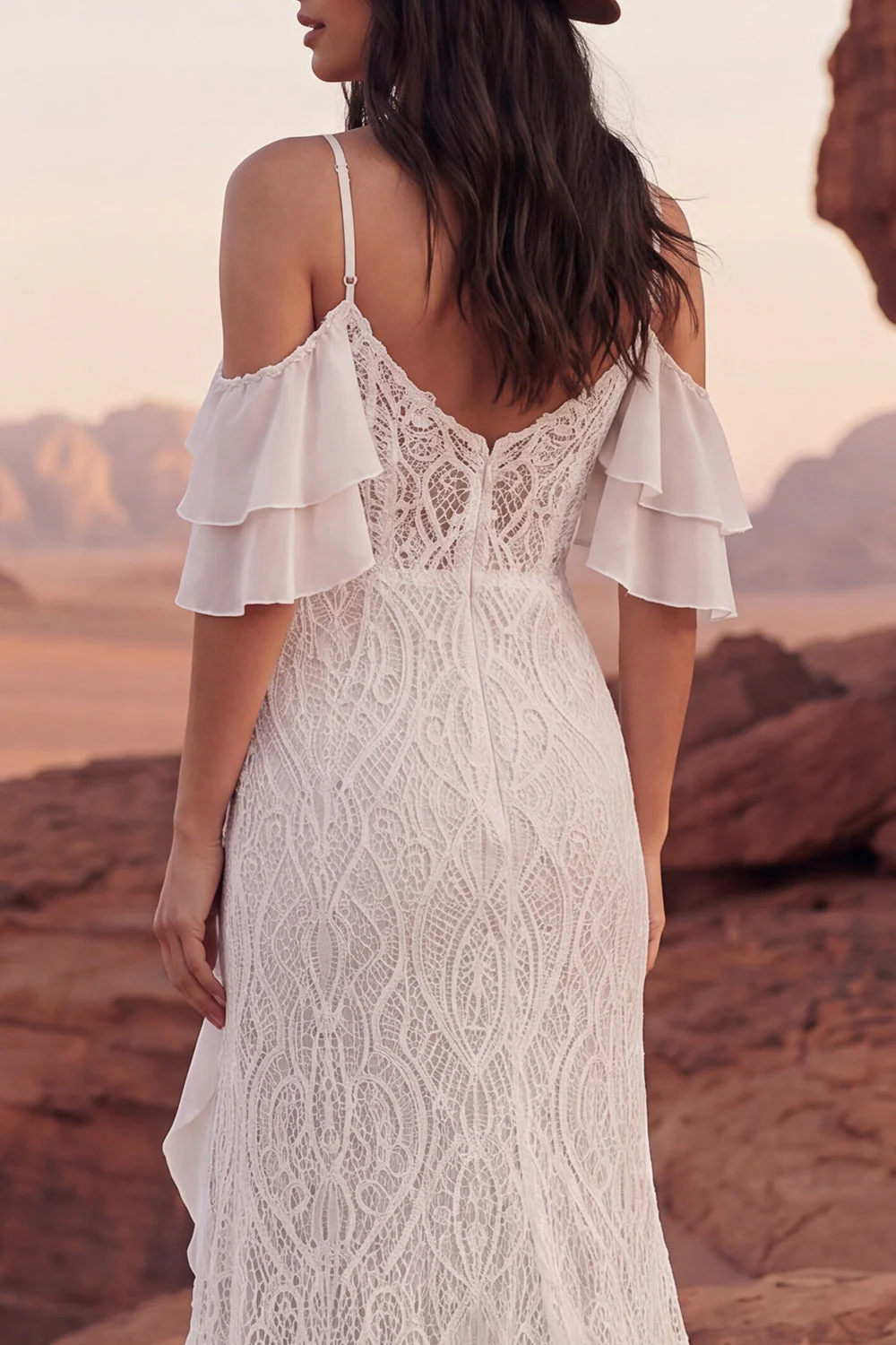Ivory Lace Cold Shoulder Mermaid Ruffled Boho Wedding Dress with Slit - Image 4