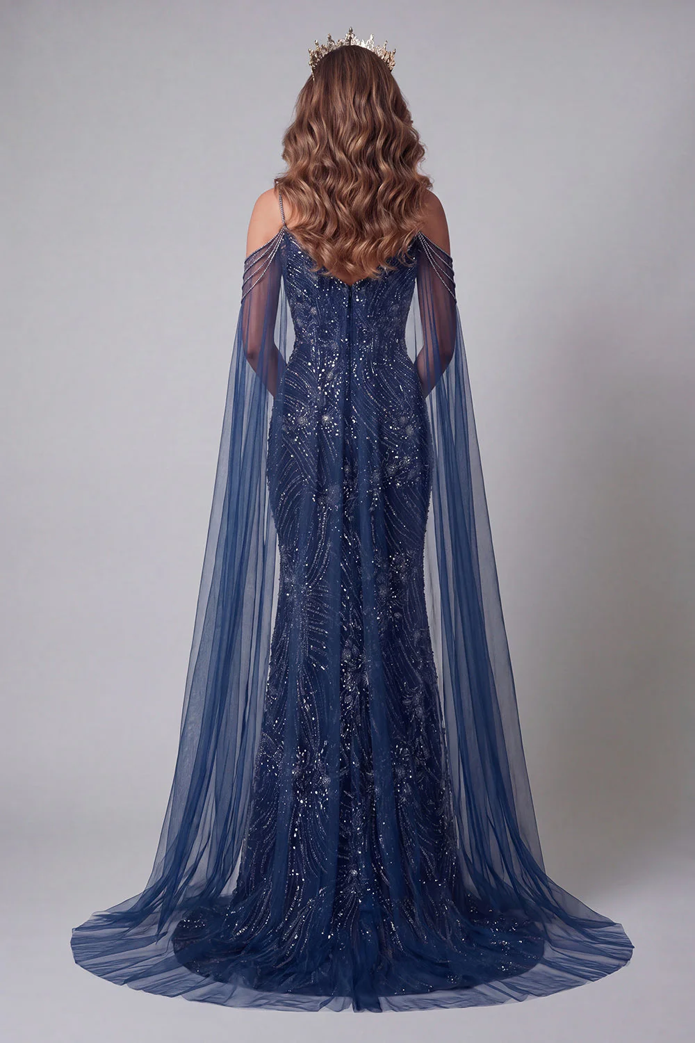 Sparkly Navy Cold Shoulder Mermaid Beaded Evening Dress - Image 2