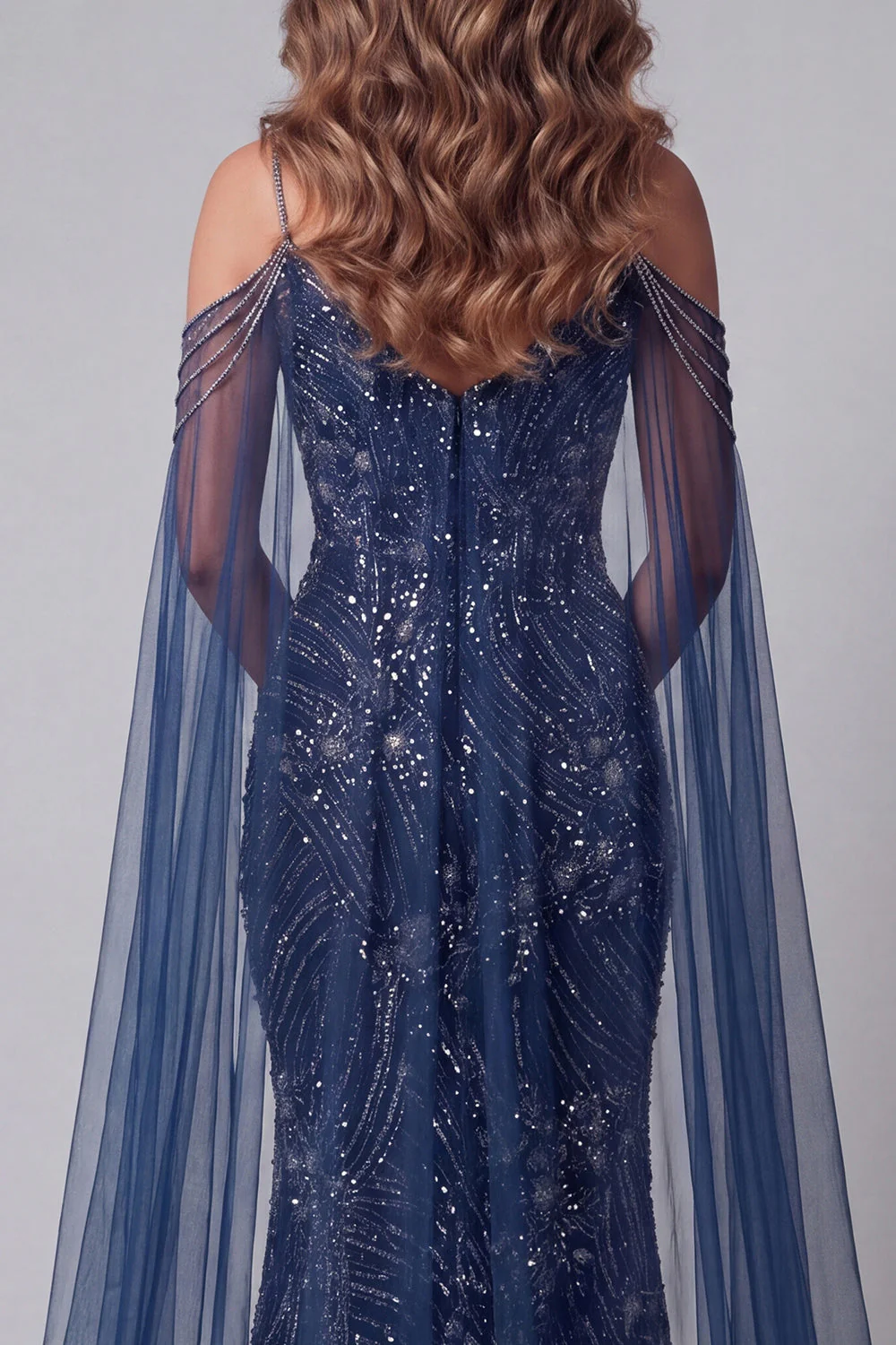 Sparkly Navy Cold Shoulder Mermaid Beaded Evening Dress - Image 4