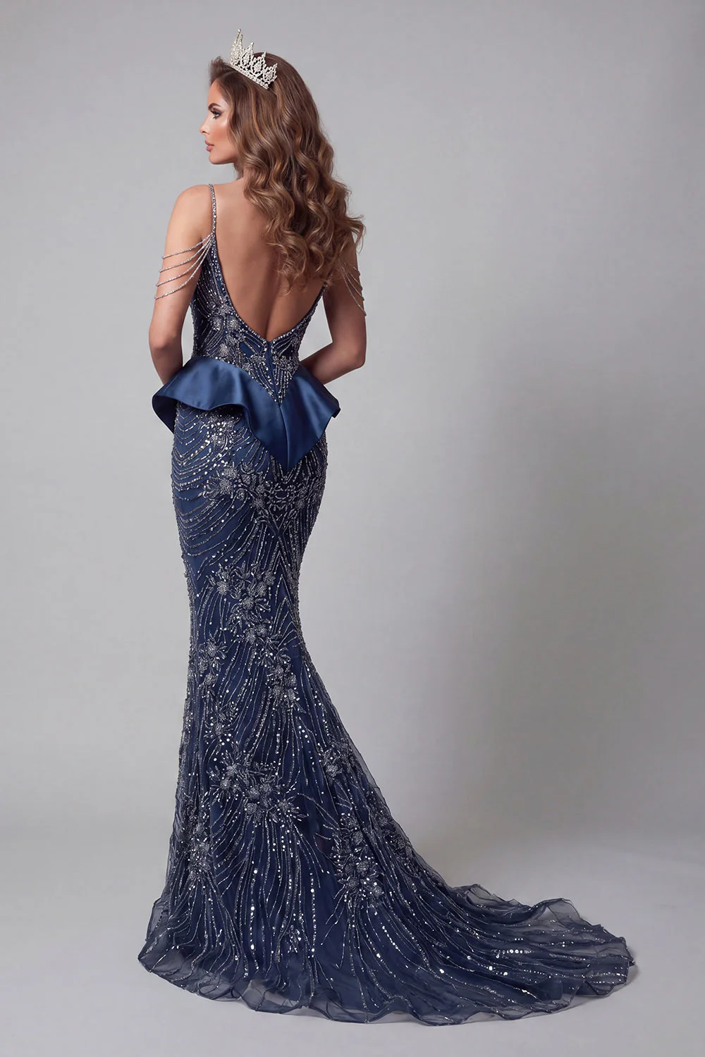 Sparkly Navy Cold Shoulder Sequin Mermaid Evening Dress - Image 2