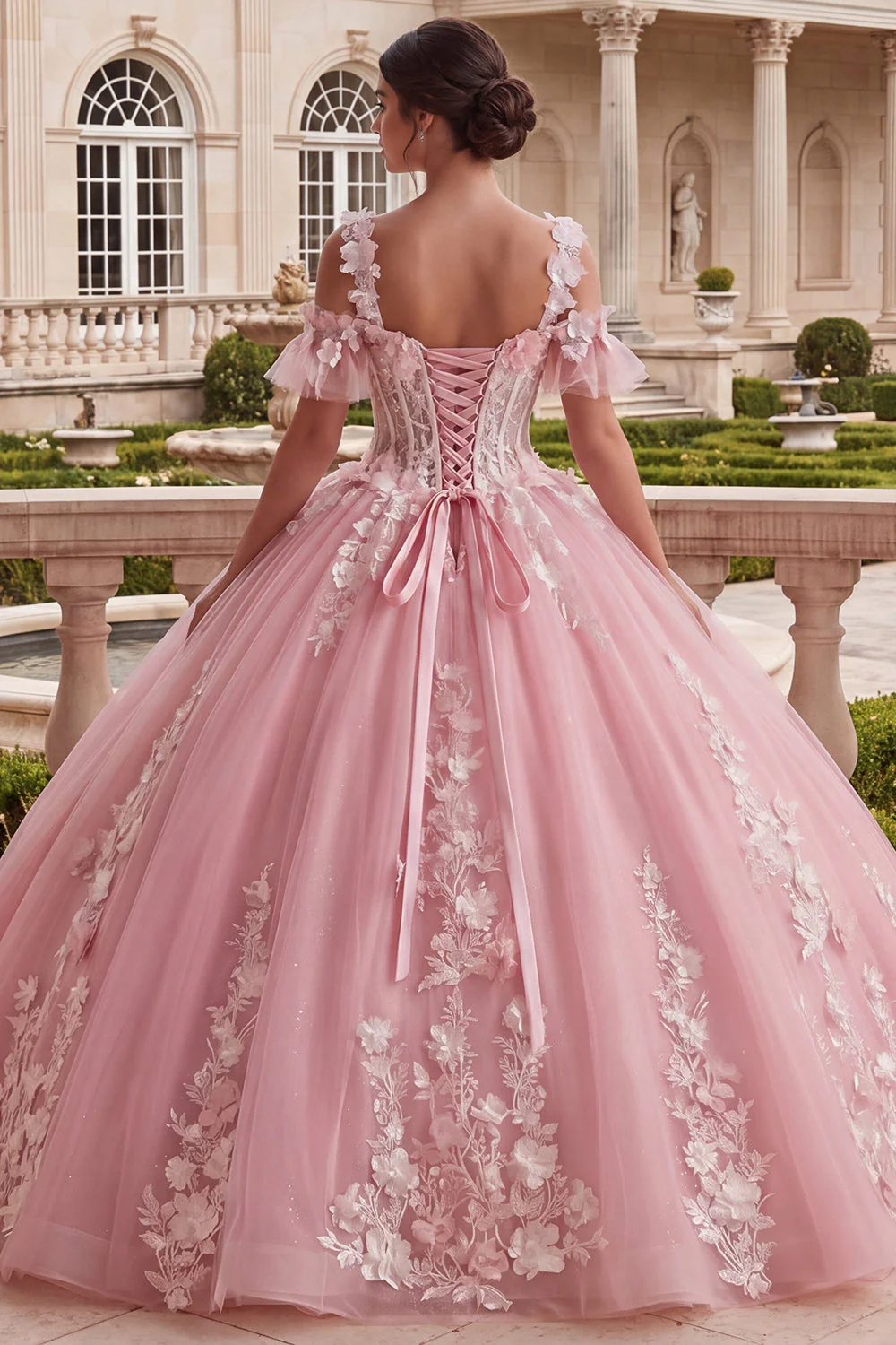 Pink Ball Gown Cold Shoulder Corset Quinceanera Dress - Image 2