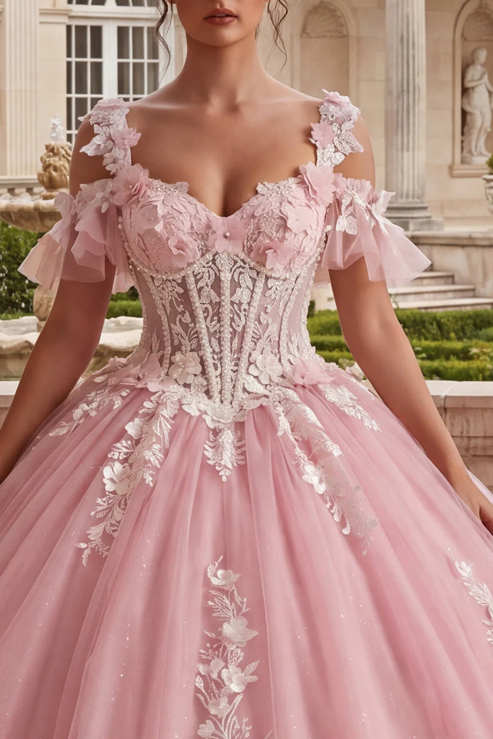 Pink Ball Gown Cold Shoulder Corset Quinceanera Dress - Image 3