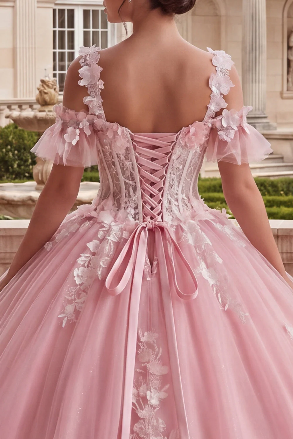 Pink Ball Gown Cold Shoulder Corset Quinceanera Dress - Image 4