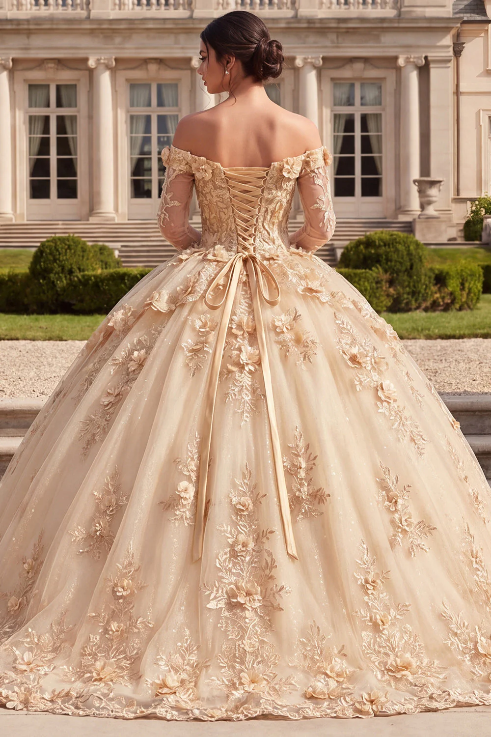 Champagne Off The Shoulder Corset Ball Gown Quinceanera Dress with 3D Flowers - Image 2