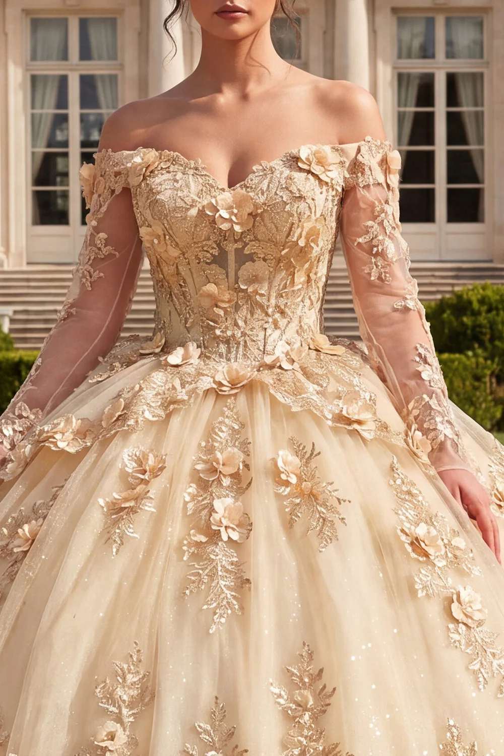 Champagne Off The Shoulder Corset Ball Gown Quinceanera Dress with 3D Flowers - Image 3