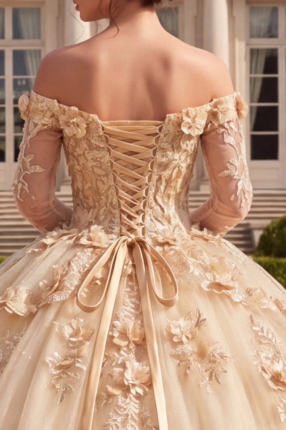 Champagne Off The Shoulder Corset Ball Gown Quinceanera Dress with 3D Flowers - Image 4