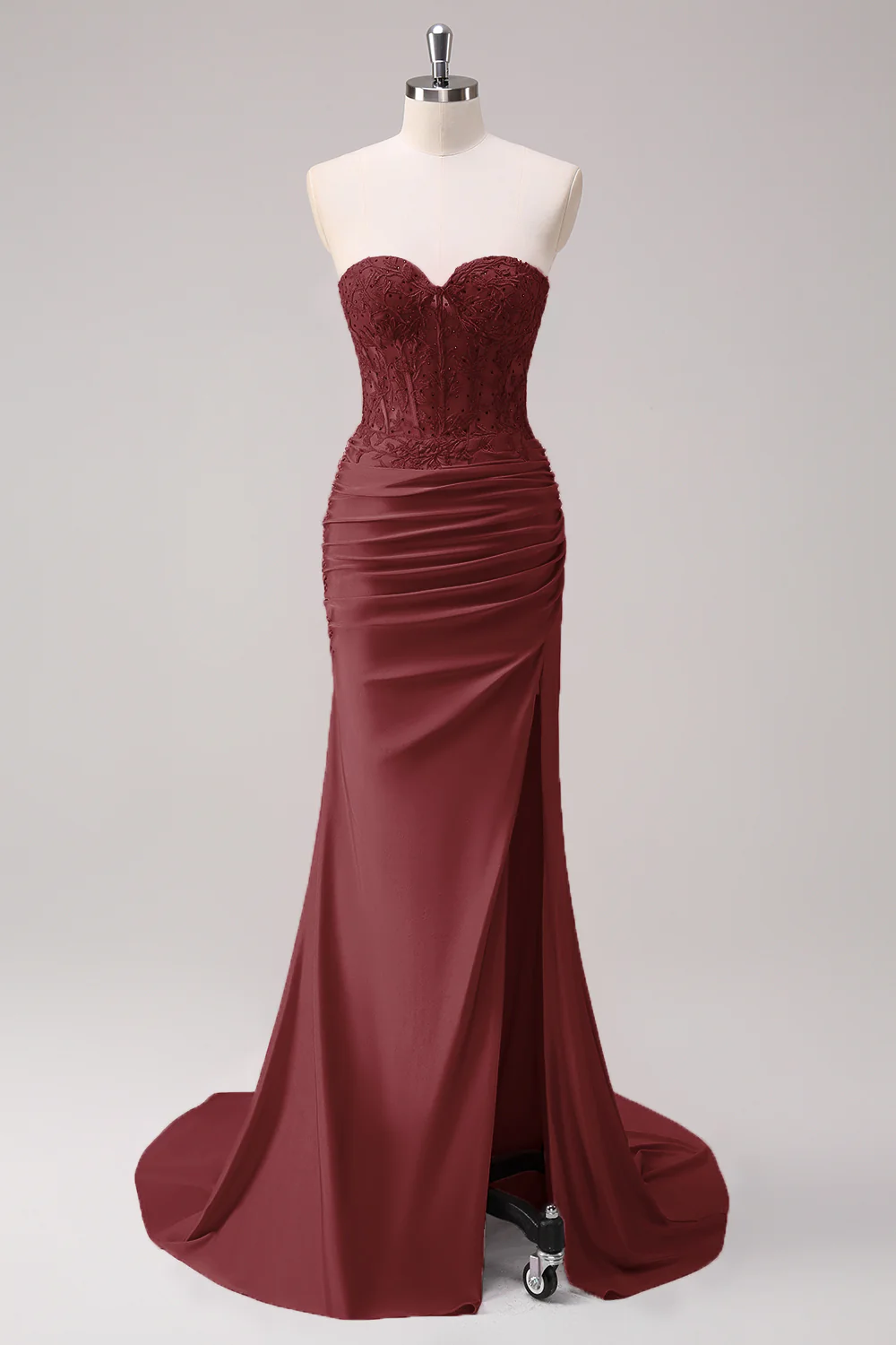 Fuchsia Mermaid Strapless Ruched Corset Long Prom Dress with Slit - Image 12
