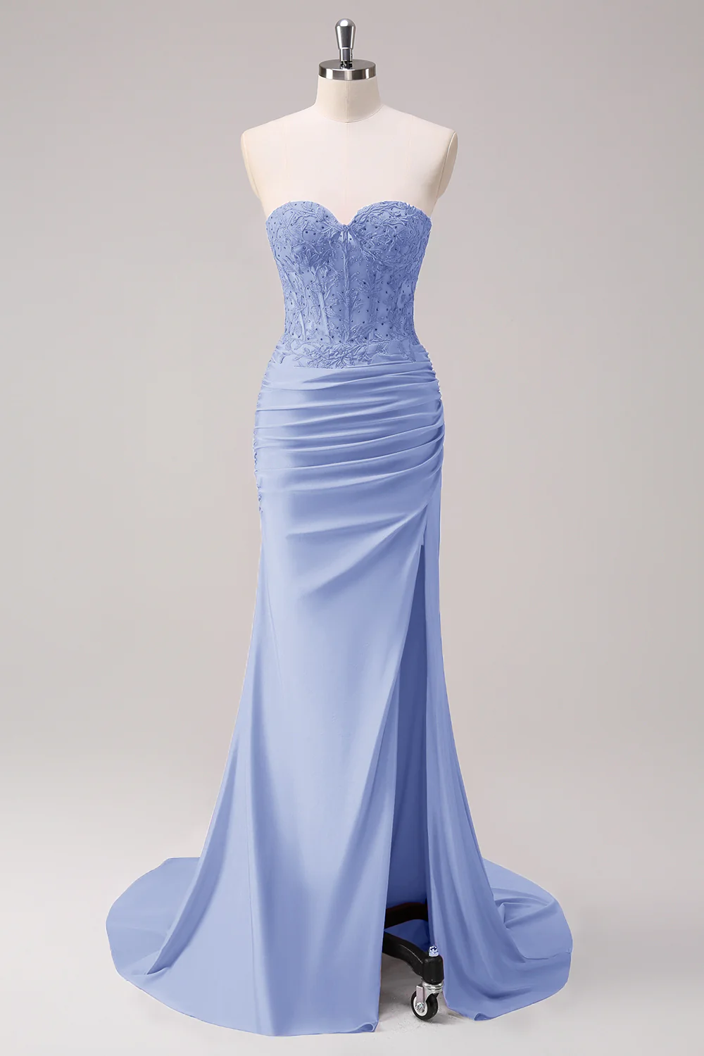 Fuchsia Mermaid Strapless Ruched Corset Long Prom Dress with Slit - Image 16