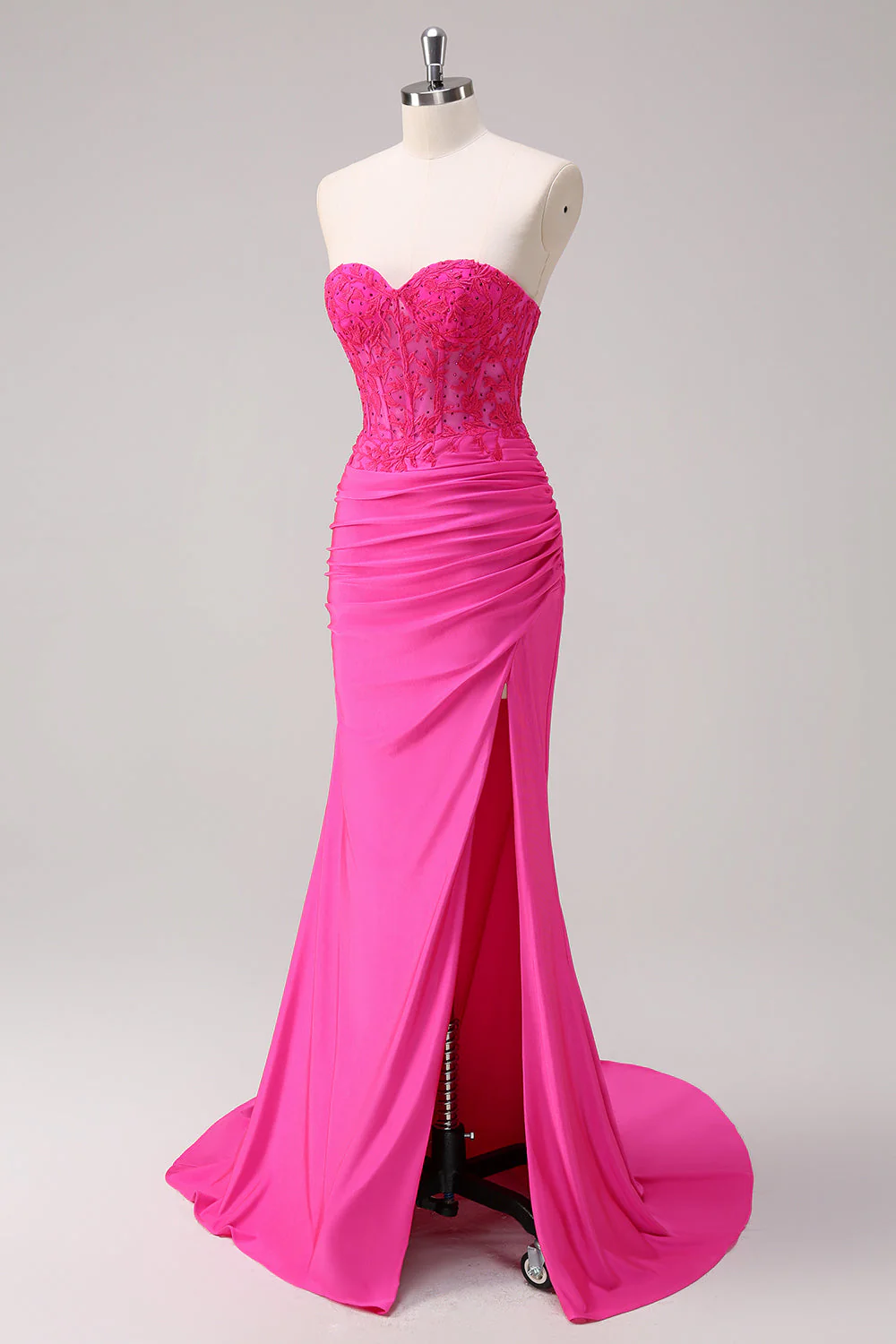 Fuchsia Mermaid Strapless Ruched Corset Long Prom Dress with Slit - Image 3