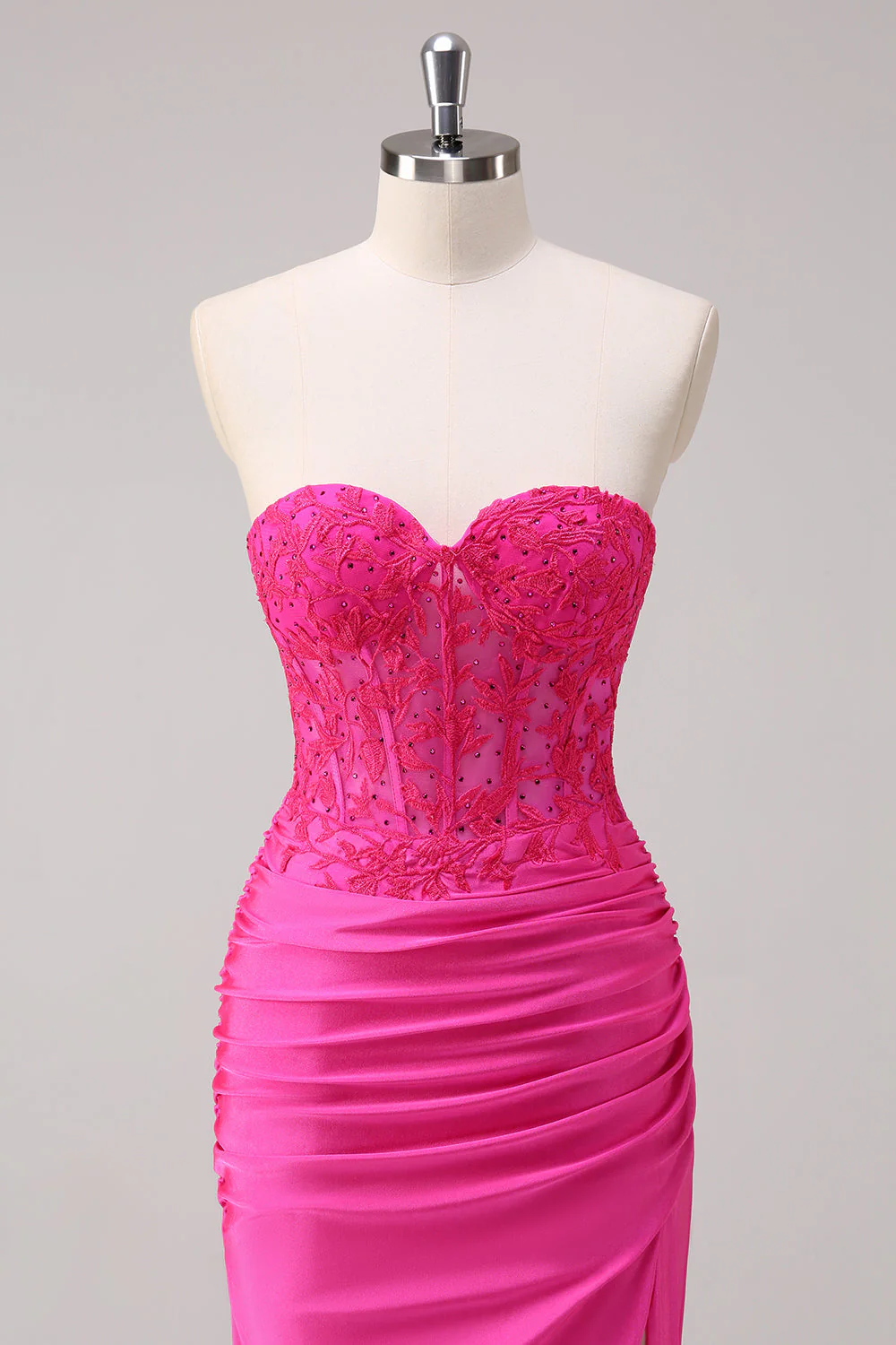 Fuchsia Mermaid Strapless Ruched Corset Long Prom Dress with Slit - Image 4