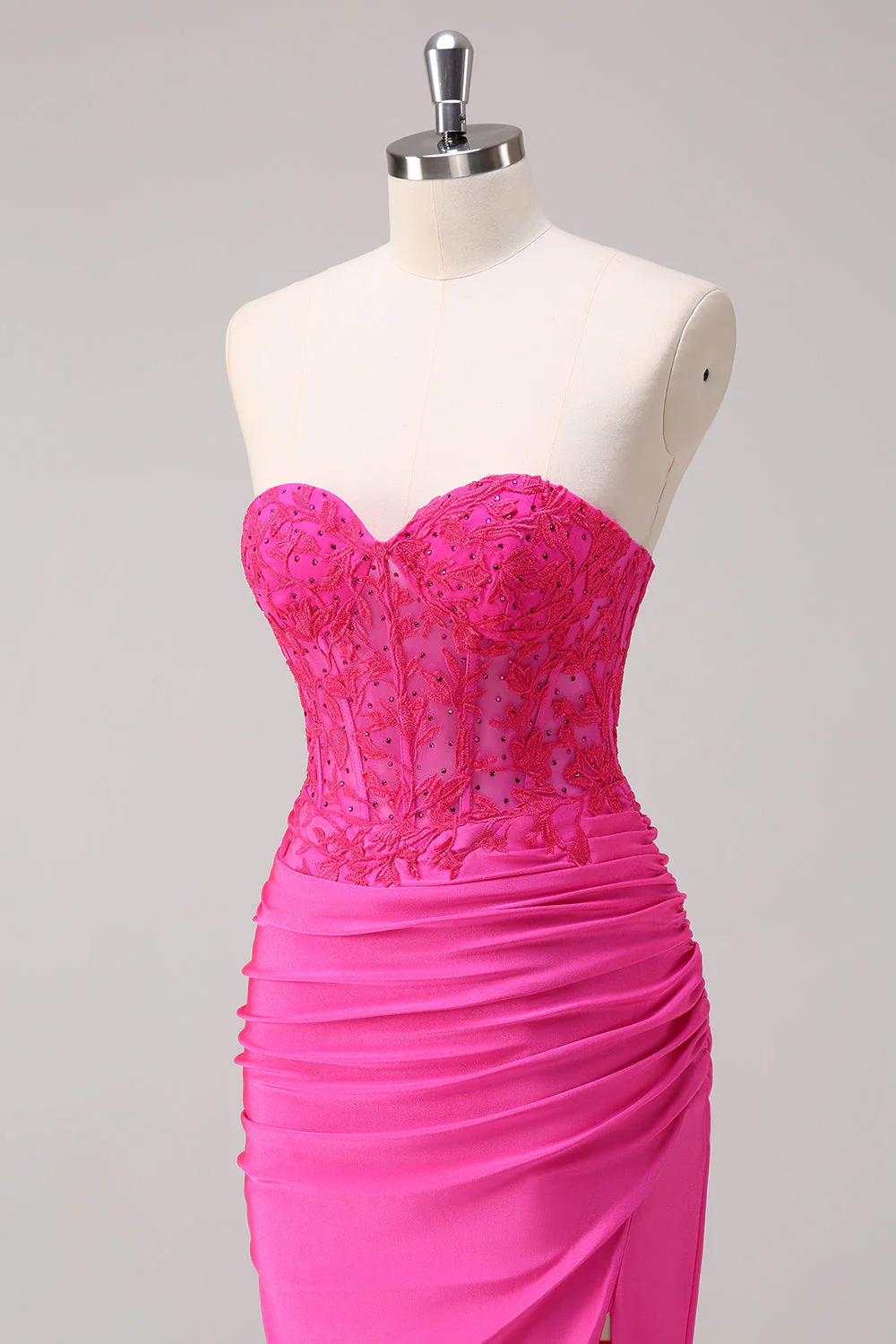 Fuchsia Mermaid Strapless Ruched Corset Long Prom Dress with Slit - Image 6