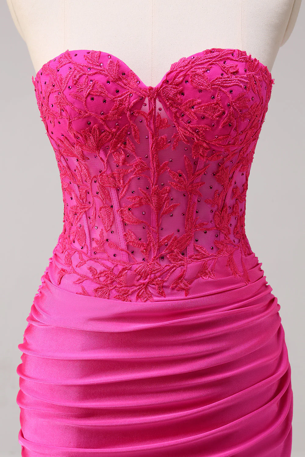 Fuchsia Mermaid Strapless Ruched Corset Long Prom Dress with Slit - Image 7