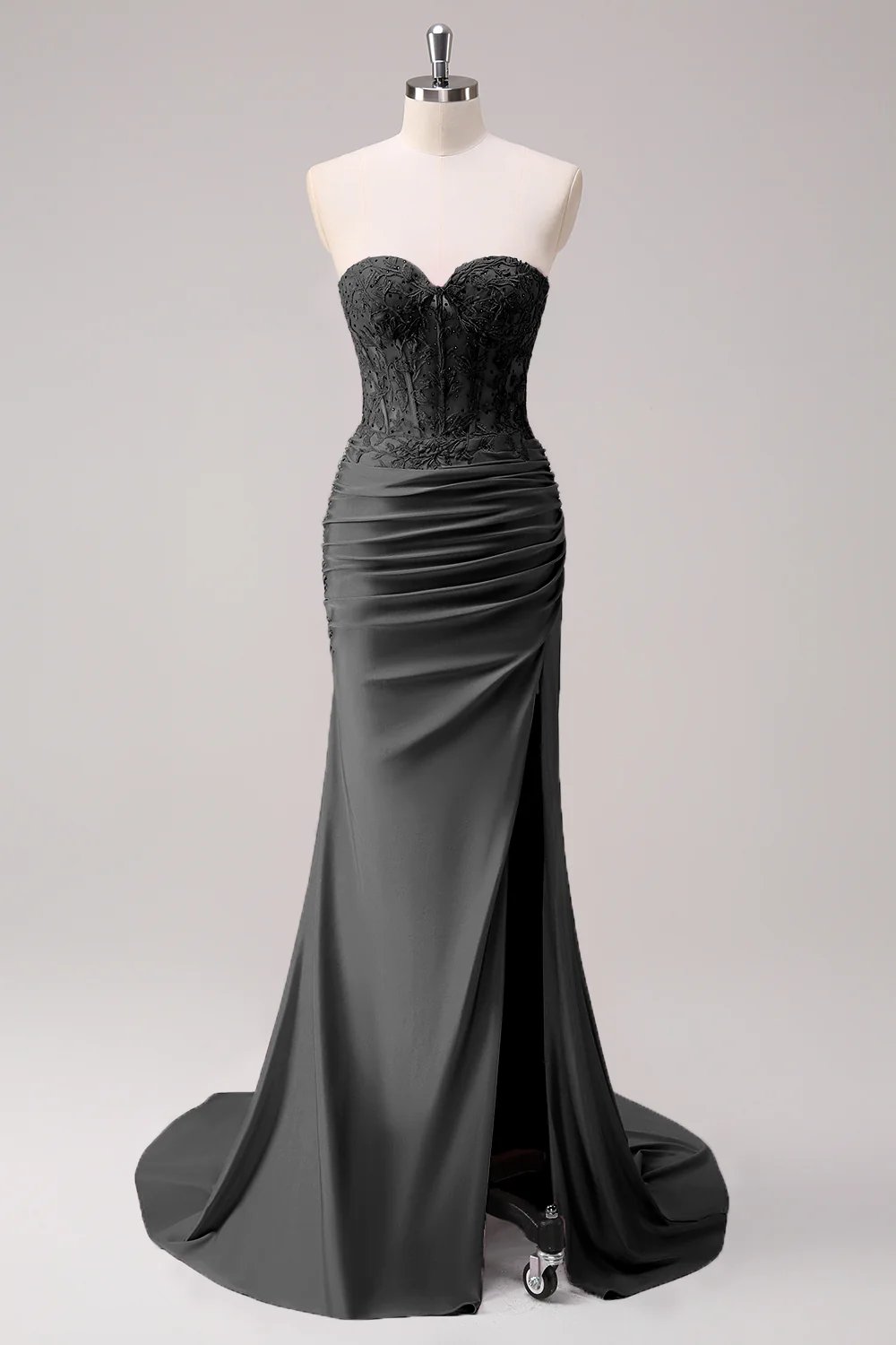 Fuchsia Mermaid Strapless Ruched Corset Long Prom Dress with Slit - Image 8