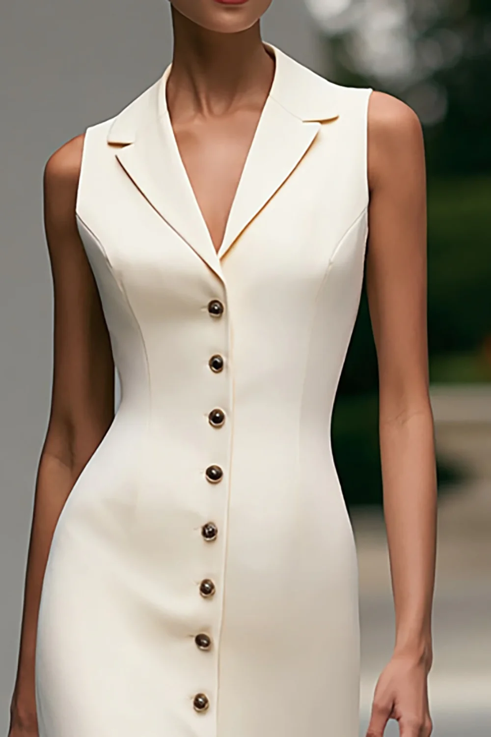 Crepe Ivory Sheath Peak Lapel Midi Work Dress - Image 2