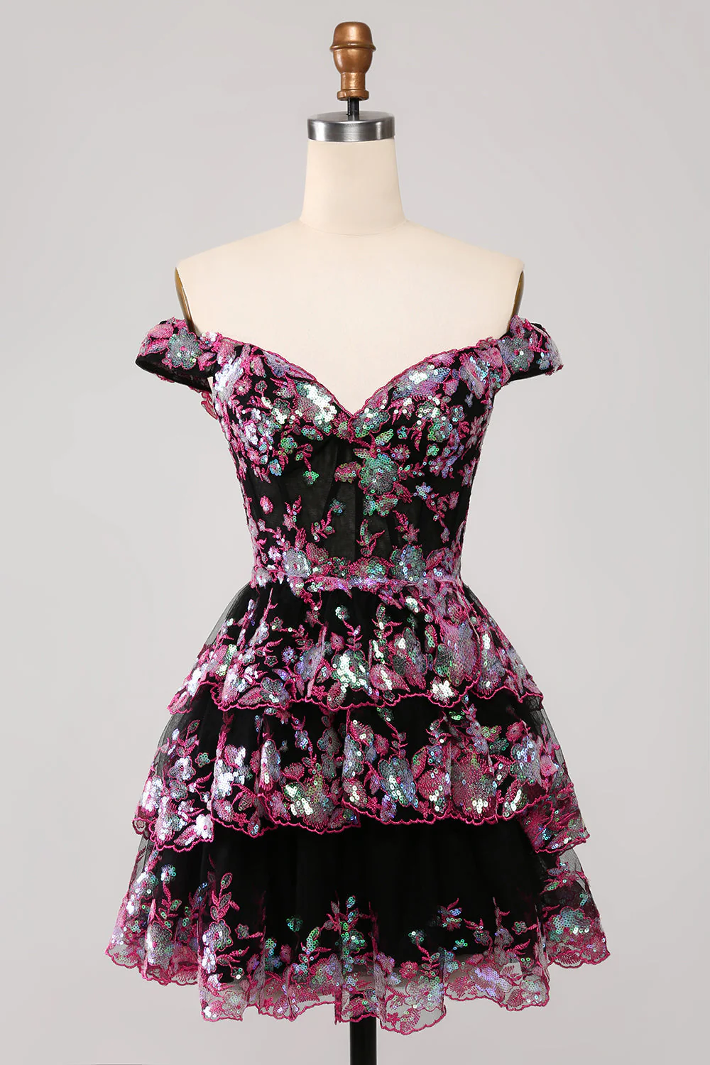 Cute Sparkly Hot Pink A Line Tiered Corset Lace Short Graduation Dress - Image 16