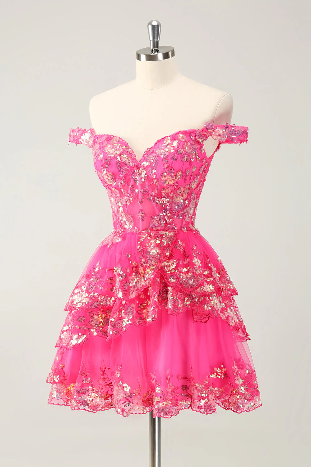 Cute Sparkly Hot Pink A Line Tiered Corset Lace Short Graduation Dress - Image 3