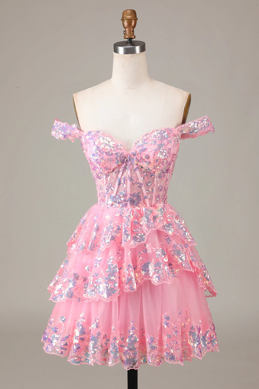 Cute Sparkly Hot Pink A Line Tiered Corset Lace Short Graduation Dress - Image 31