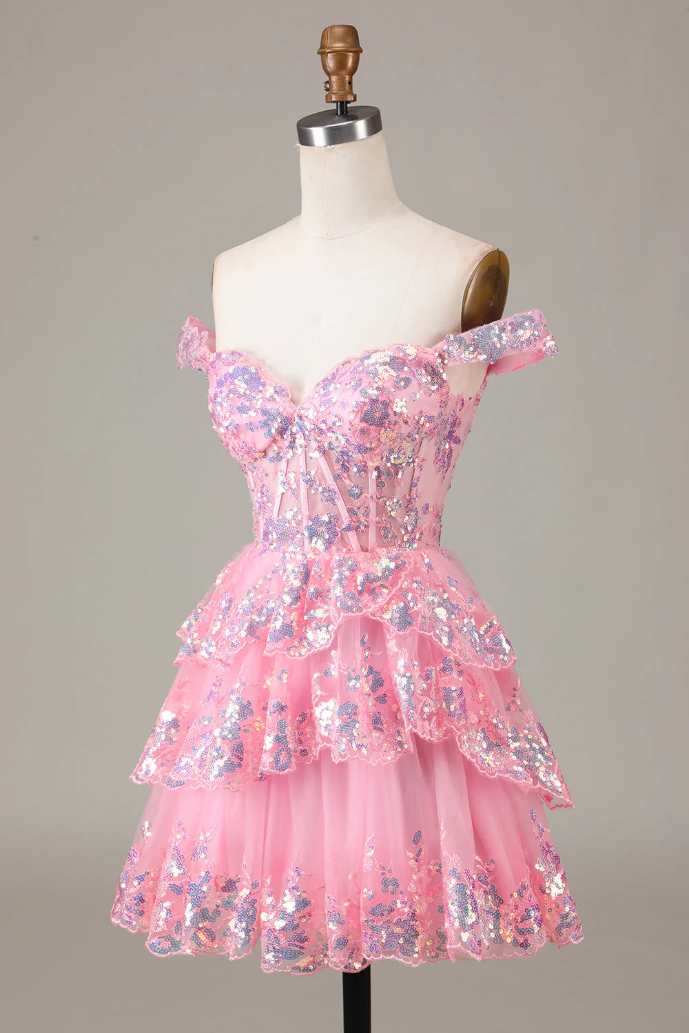 Cute Sparkly Hot Pink A Line Tiered Corset Lace Short Graduation Dress - Image 33