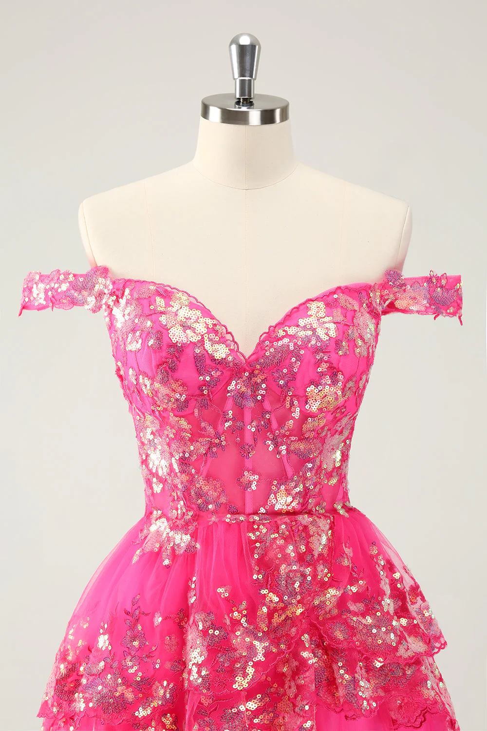 Cute Sparkly Hot Pink A Line Tiered Corset Lace Short Graduation Dress - Image 4