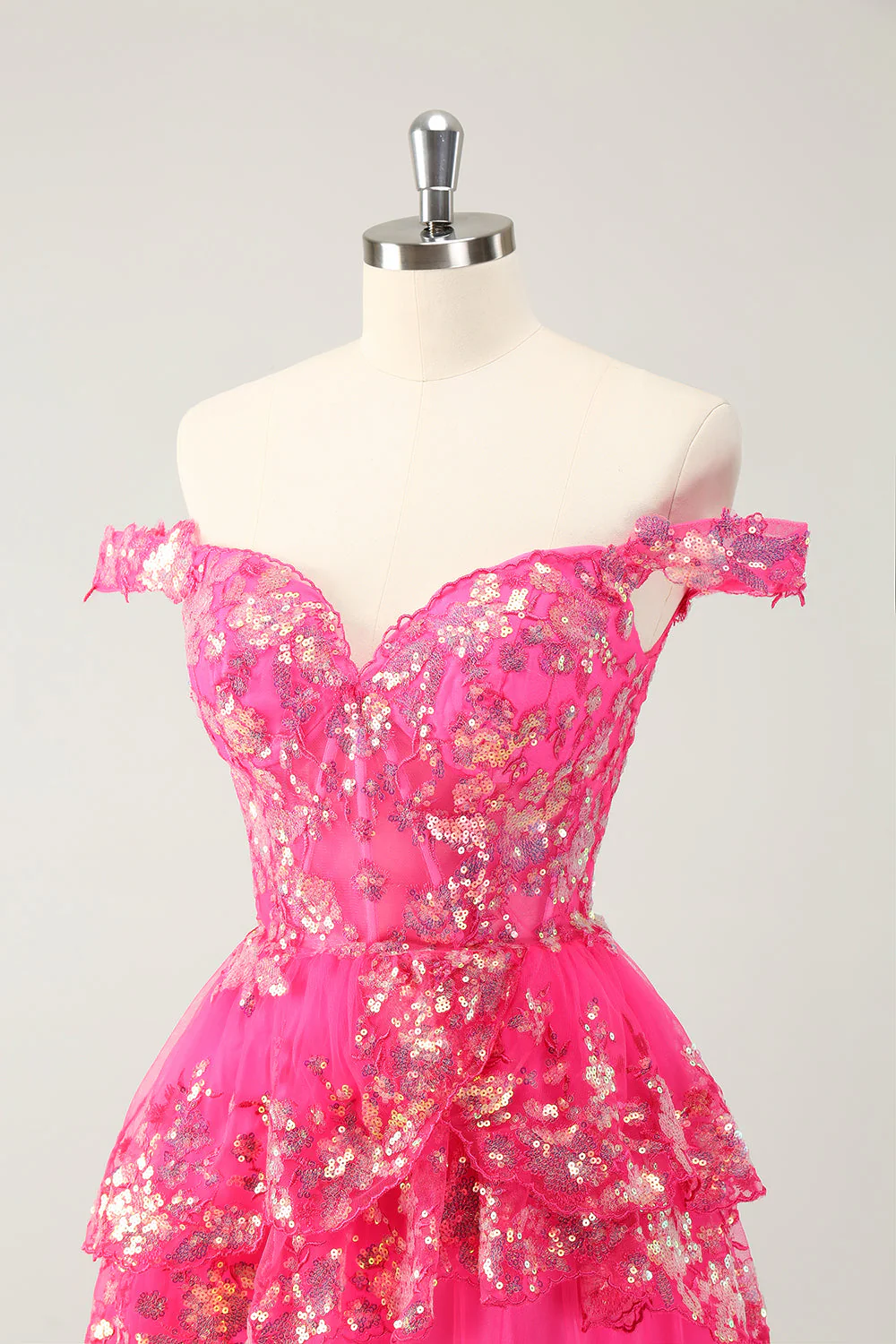 Cute Sparkly Hot Pink A Line Tiered Corset Lace Short Graduation Dress - Image 6