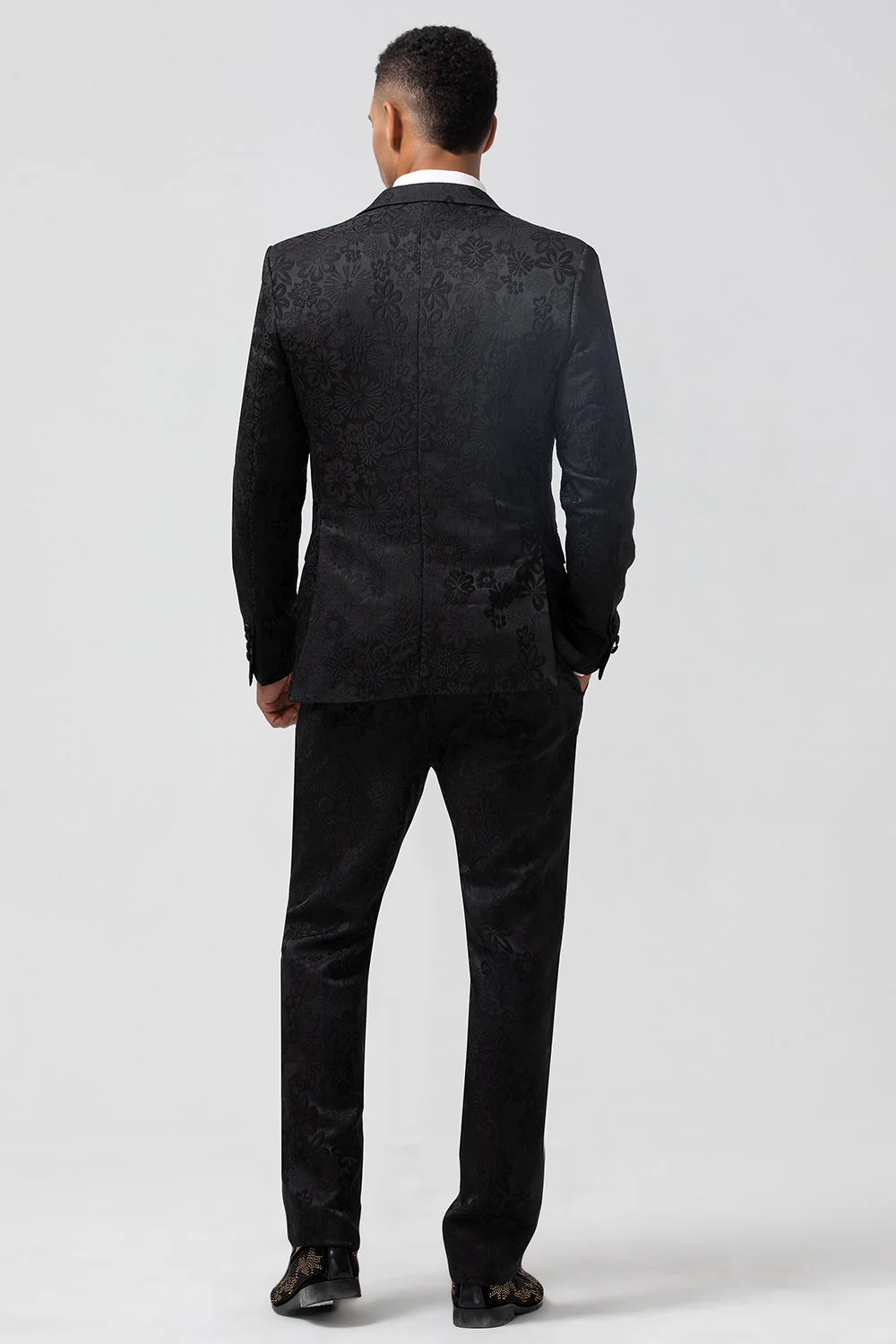 Dark Blue 3 Piece Peak Lapel Jacquard One Button Men's Prom Suits - Image 10