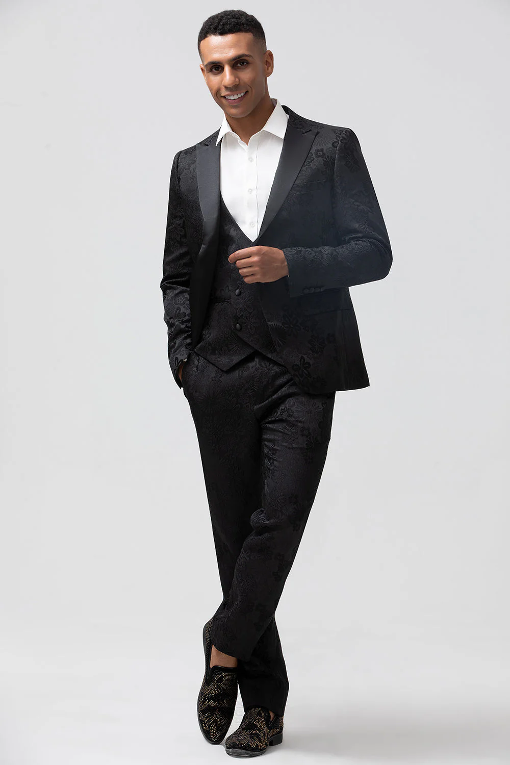 Dark Blue 3 Piece Peak Lapel Jacquard One Button Men's Prom Suits - Image 11