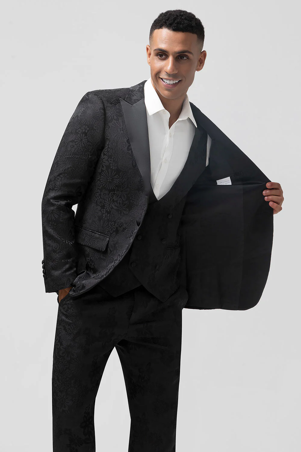 Dark Blue 3 Piece Peak Lapel Jacquard One Button Men's Prom Suits - Image 13