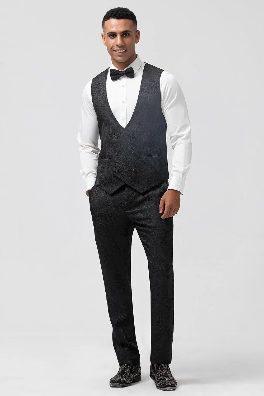 Dark Blue 3 Piece Peak Lapel Jacquard One Button Men's Prom Suits - Image 14