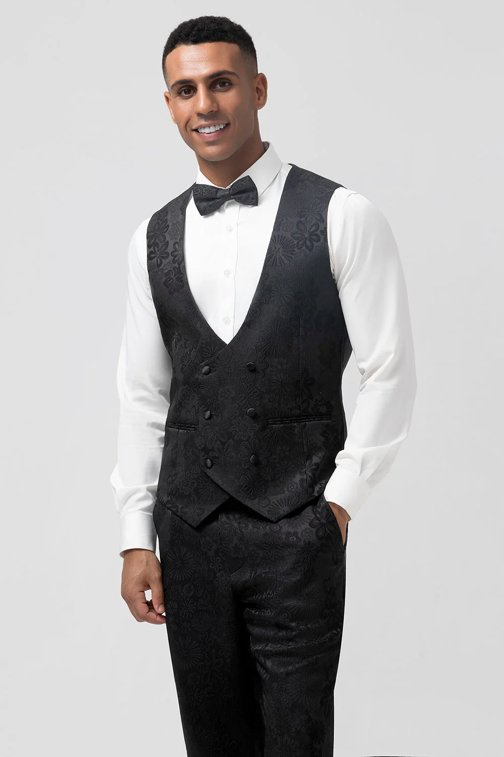 Dark Blue 3 Piece Peak Lapel Jacquard One Button Men's Prom Suits - Image 15