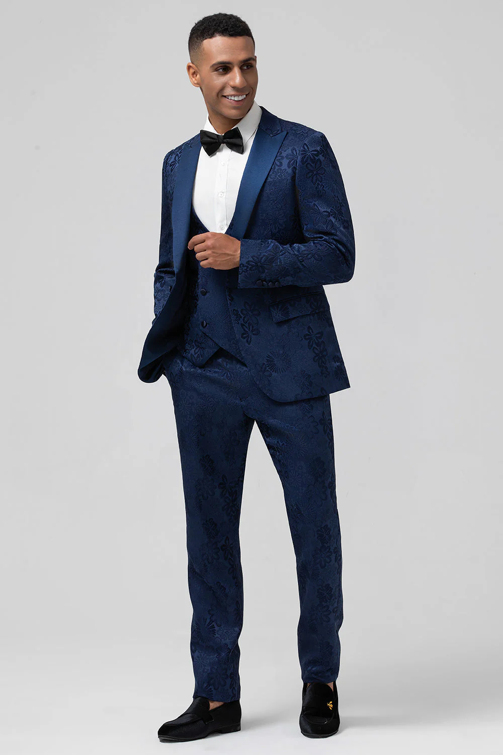 Dark Blue 3 Piece Peak Lapel Jacquard One Button Men's Prom Suits - Image 3