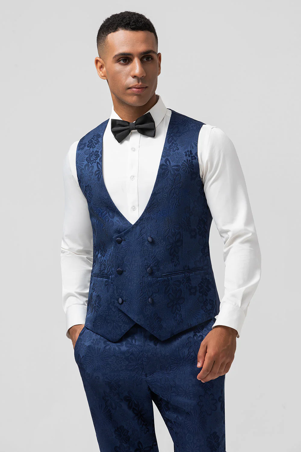 Dark Blue 3 Piece Peak Lapel Jacquard One Button Men's Prom Suits - Image 4