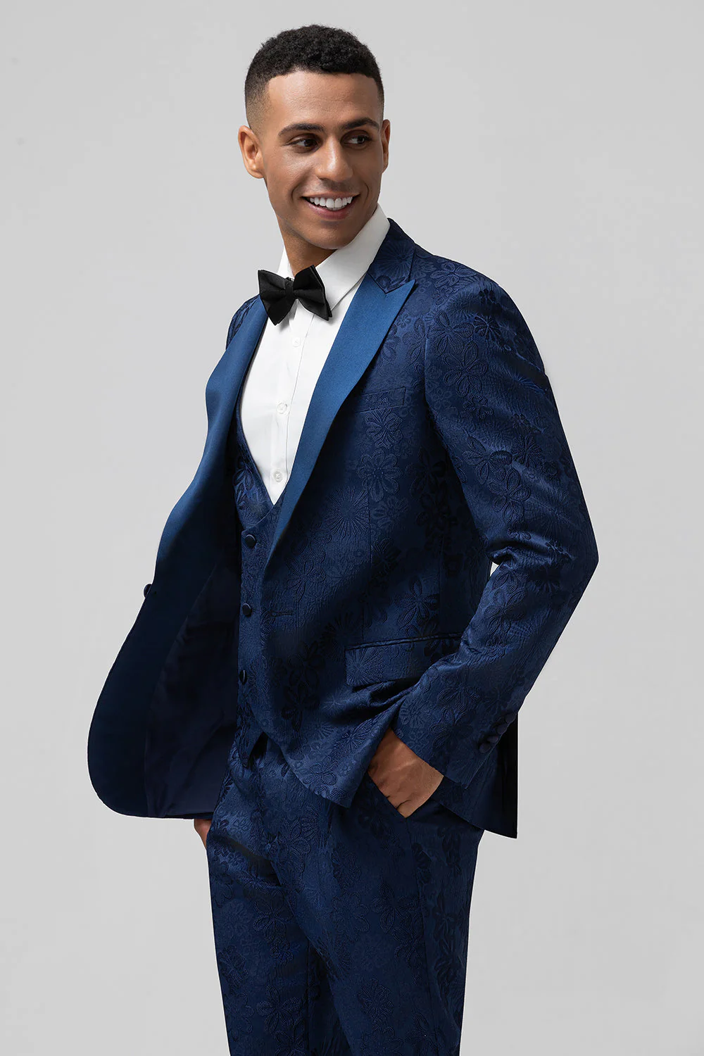 Dark Blue 3 Piece Peak Lapel Jacquard One Button Men's Prom Suits - Image 6