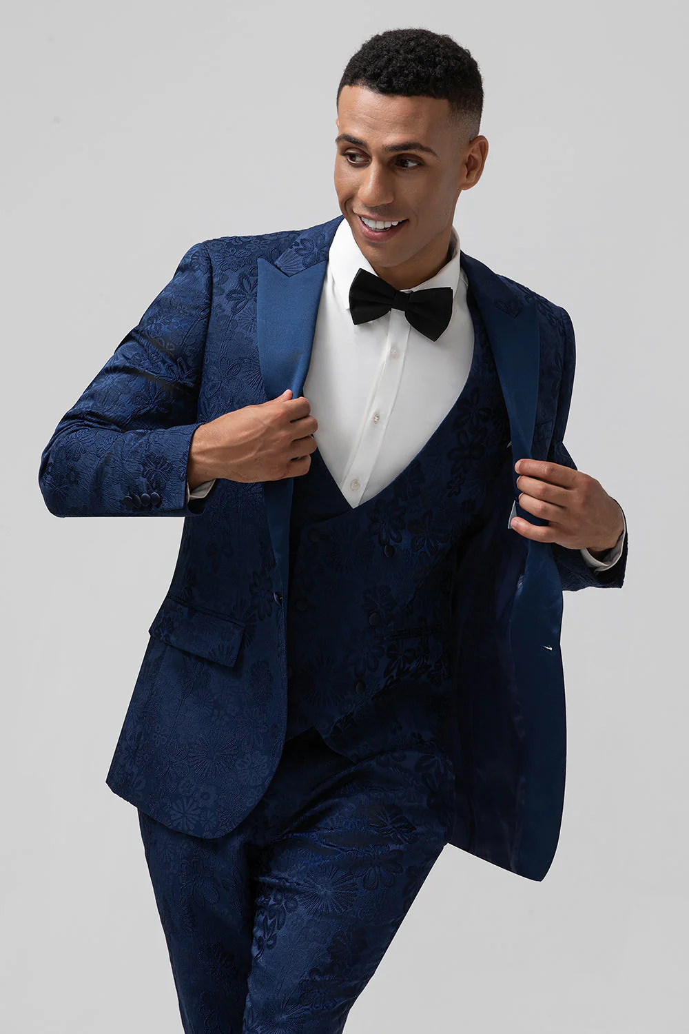 Dark Blue 3 Piece Peak Lapel Jacquard One Button Men's Prom Suits - Image 7
