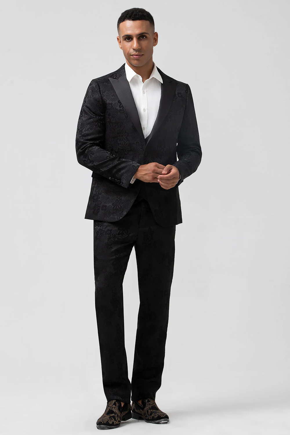 Dark Blue 3 Piece Peak Lapel Jacquard One Button Men's Prom Suits - Image 9