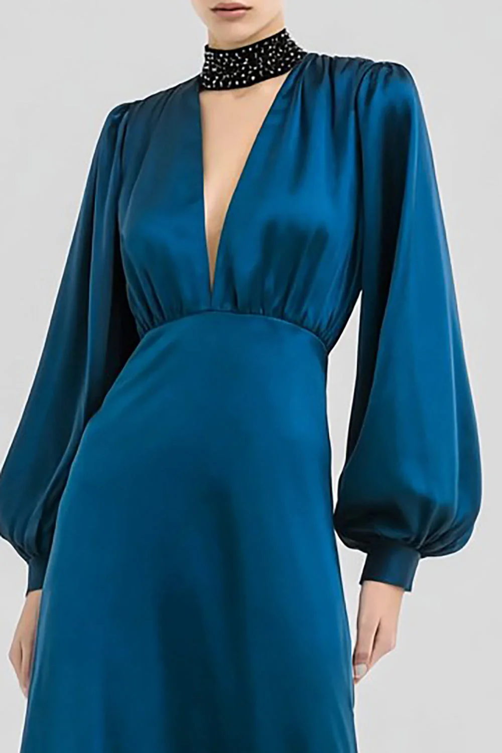 Dark Blue A Line V Neck Satin Evening Dress with Long Sleeves - Image 2